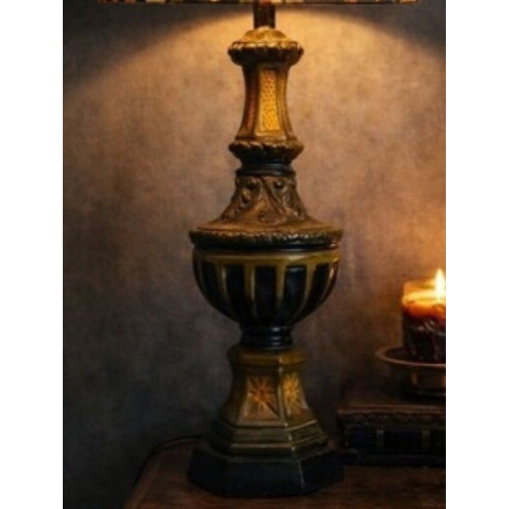 Vintage Ornate Table Lamp Olive Green Black Ceramic Mid Century Hollywood Regenc